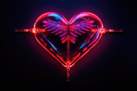 Bright heart. Neon sign. Retro neon heart signboard on purple background. Design element for Happy Valentine's Day. Ready for your design, greeting card. illustration.の素材