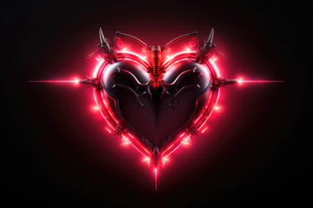 Bright heart. Neon sign. Retro neon heart signboard on purple background. Design element for Happy Valentine's Day. Ready for your design, greeting card. illustration.の素材
