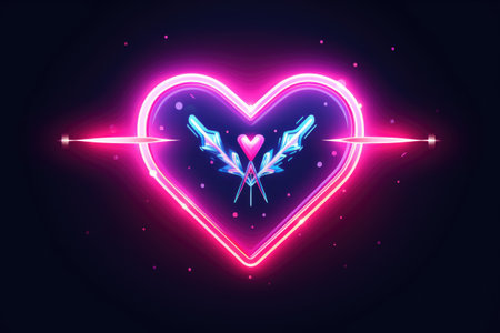 Bright heart. Neon sign. Retro neon heart signboard on purple background. Design element for Happy Valentine's Day. Ready for your design, greeting card. illustration.の素材