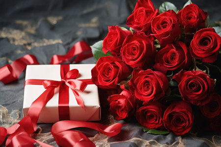 St. Valentine's Day present. A gift box, and red roses bouquet. Romantic love background. Happy Valentines Day. Greeting card, poster. Copy space for textの素材