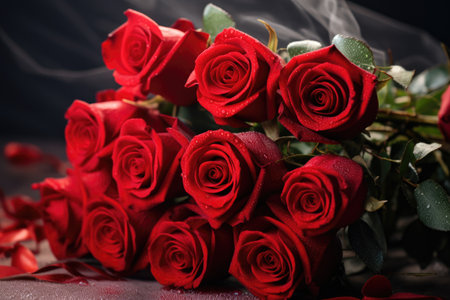 St. Valentine's Day present. A gift box, and red roses bouquet. Romantic love background. Happy Valentines Day. Greeting card, poster. Copy space for textの素材