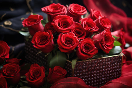 St. Valentine's Day present. A gift box, and red roses bouquet. Romantic love background. Happy Valentines Day. Greeting card, poster. Copy space for textの素材