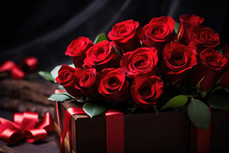 St. Valentine's Day present. A gift box, and red roses bouquet. Romantic love background. Happy Valentines Day. Greeting card, poster. Copy space for textの素材