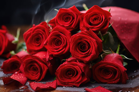 St. Valentine's Day present. A gift box, and red roses bouquet. Romantic love background. Happy Valentines Day. Greeting card, poster. Copy space for textの素材