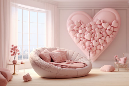 Interior of bedroom decorated for Valentine's Day with balloons, giftsの素材