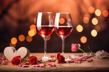 Two wine glasses with red wine for romantic dating or Valentine's day dinner with red rose flowers on gray background. Copy space.の素材