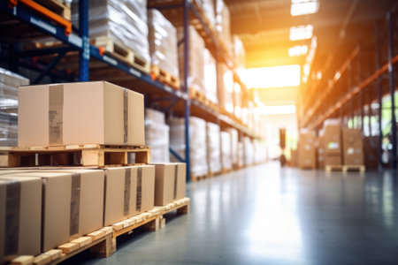 Retail Warehouse full of Shelves with Goods in Cardboard Boxes and Packages. Logistics, Sorting and Distribution Facility for Product Delivery.の素材