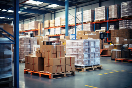 Retail Warehouse full of Shelves with Goods in Cardboard Boxes and Packages. Logistics, Sorting and Distribution Facility for Product Delivery.の素材