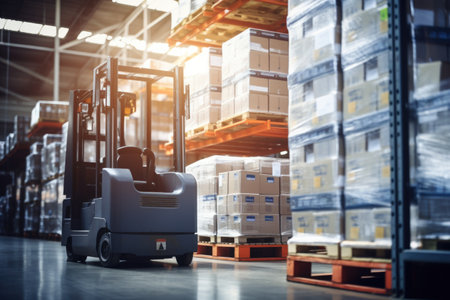 Retail Warehouse full of Shelves with Goods in Cardboard Boxes and Packages. Logistics, Sorting and Distribution Facility for Product Delivery.の素材