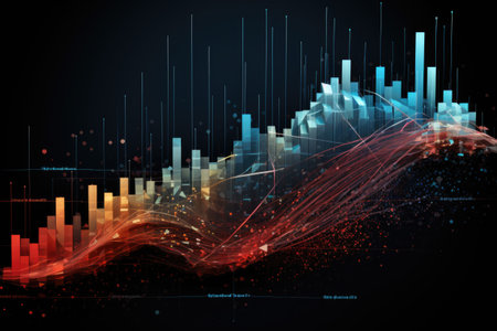 Abstract glowing candlestick forex chart with index and grid on dark background. Invest, trade, finance ans stock market concept. 3D Renderingの素材