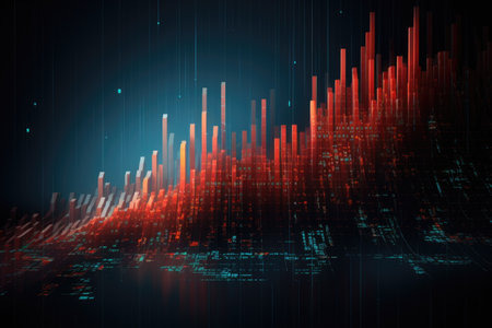 Abstract glowing candlestick forex chart with index and grid on dark background. Invest, trade, finance ans stock market concept. 3D Renderingの素材