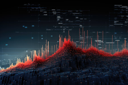 Abstract glowing candlestick forex chart with index and grid on dark background. Invest, trade, finance ans stock market concept. 3D Renderingの素材