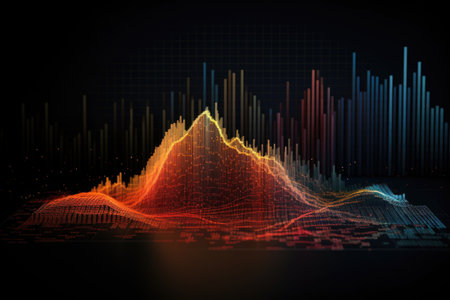 Abstract glowing candlestick forex chart with index and grid on dark background. Invest, trade, finance ans stock market concept. 3D Renderingの素材