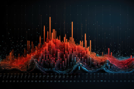 Abstract glowing candlestick forex chart with index and grid on dark background. Invest, trade, finance ans stock market concept. 3D Renderingの素材
