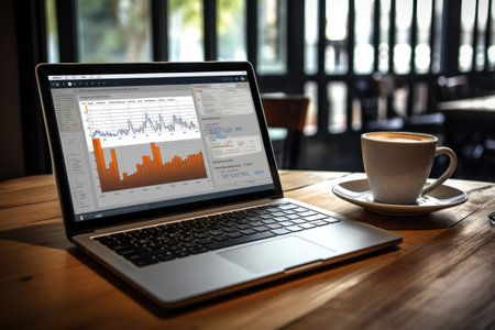 Crypto market analysis, charts, on a laptop monitorの素材