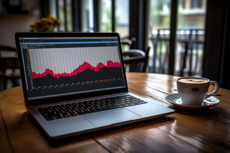 Crypto market analysis, charts, on a laptop monitorの素材