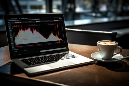 Crypto market analysis, charts, on a laptop monitorの素材