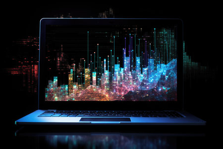 Crypto market analysis, charts, on a laptop monitorの素材