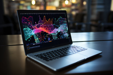 Crypto market analysis, charts, on a laptop monitorの素材