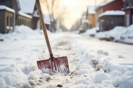 A snow shovel got stuck in a snowdrift in winter. Snowy weather in winter.の素材