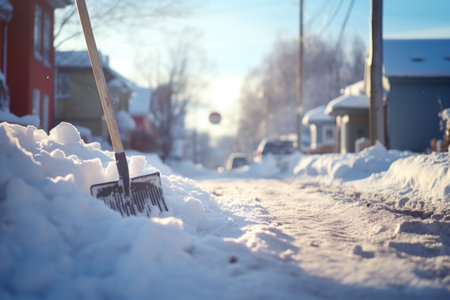 A snow shovel got stuck in a snowdrift in winter. Snowy weather in winter.の素材