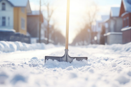 A snow shovel got stuck in a snowdrift in winter. Snowy weather in winter.の素材