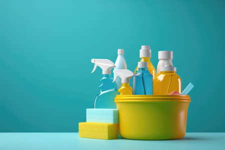 Basket with set of tools and supplies for general cleaning. Brush, water spraying bottle, detergents. Space for text.の素材