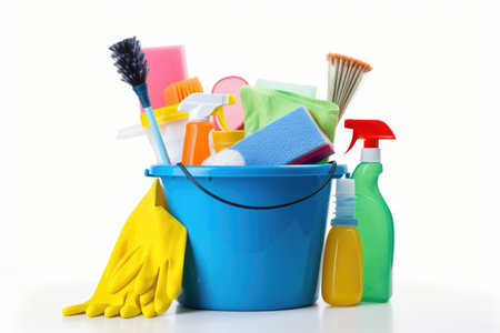 Basket with set of tools and supplies for general cleaning. Brush, water spraying bottle, detergents. Space for text.の素材