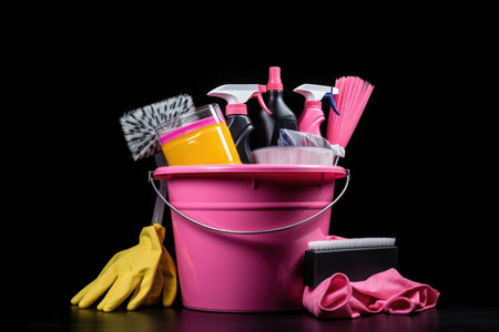 Basket with set of tools and supplies for general cleaning. Brush, water spraying bottle, detergents. Space for text.の素材