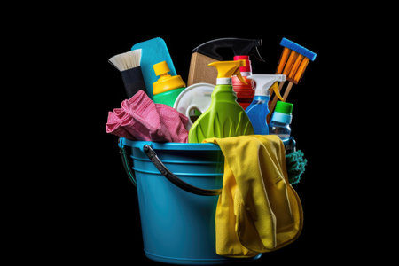 Basket with set of tools and supplies for general cleaning. Brush, water spraying bottle, detergents. Space for text.の素材