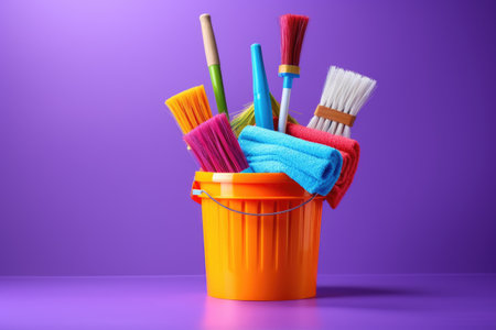 Basket with set of tools and supplies for general cleaning. Brush, water spraying bottle, detergents. Space for text.の素材