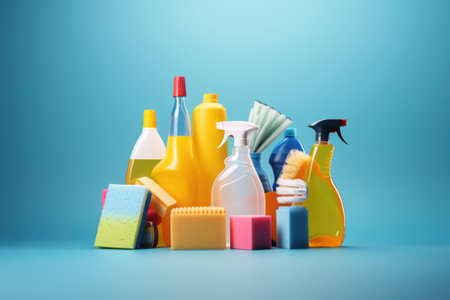 Basket with set of tools and supplies for general cleaning. Brush, water spraying bottle, detergents. Space for text.の素材