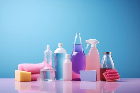 Basket with set of tools and supplies for general cleaning. Brush, water spraying bottle, detergents. Space for text.の素材
