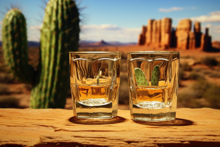 Shot of Mexican tequila among sand dunes and cacti. Green background.の素材