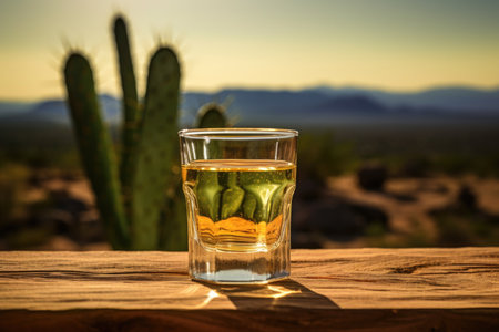 Shot of Mexican tequila among sand dunes and cacti. Green background.の素材
