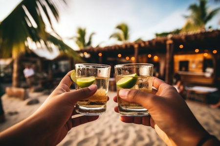 Shots of tequila in the hands of people relaxing in a bar on the beach.の素材