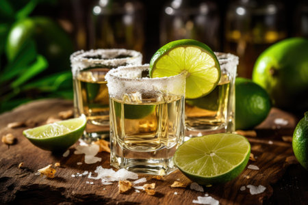 Tequila with lime and salt on the table, selective focusの素材
