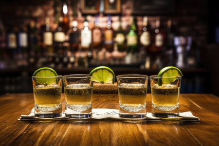 Tequila with lime and salt on the table, selective focusの素材