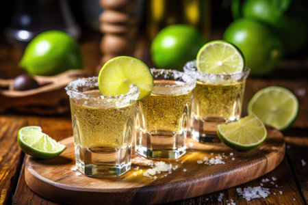 Tequila with lime and salt on the table, selective focusの素材