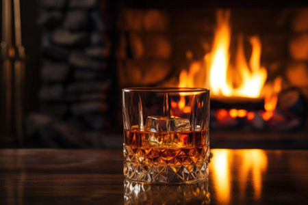 A glass of whiskey against the background of a fireplace.の素材