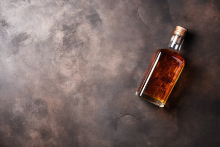 Whiskey in a bottle on a stone table. Alcoholic drinks. View from above. Free space for your text.の素材