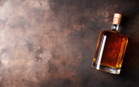 Whiskey in a bottle on a stone table. Alcoholic drinks. View from above. Free space for your text.の素材