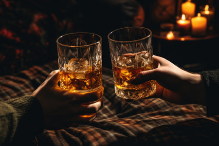 Hands hold glasses with whiskey. Closeup. Cozy atmosphere.の素材