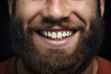 Close-up of a man's mouth. Healthy smile. Bearded man with white teeth.の素材