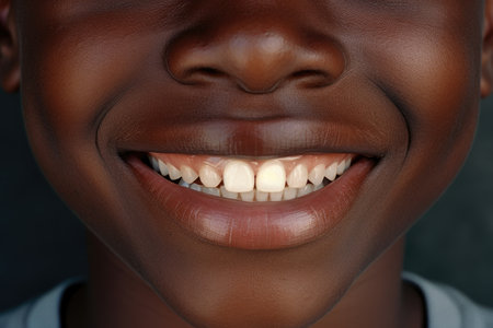 White teeth of a black boy, close-up.の素材