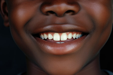 White teeth of a black boy, close-up.の素材