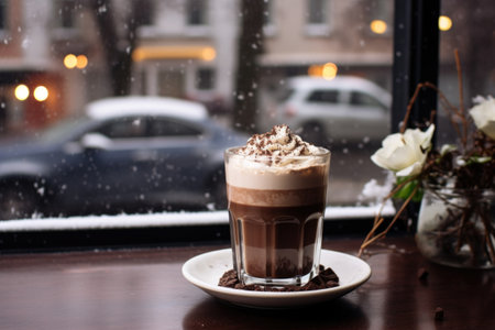 hot chocolate or cocoa with marshmallows in glass cup on wooden table with winter window on the backgroundの素材