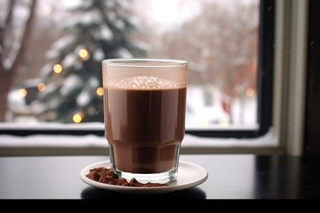 hot chocolate or cocoa with marshmallows in glass cup on wooden table with winter window on the backgroundの素材