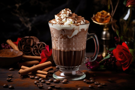 Glass of hot chocolate with whipped cream and truffles on an old brown table. Copy space.の素材