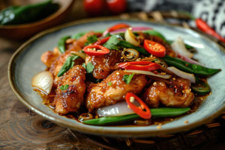 Roast chicken with vegetables in a light plate on a dark dark background.の素材
